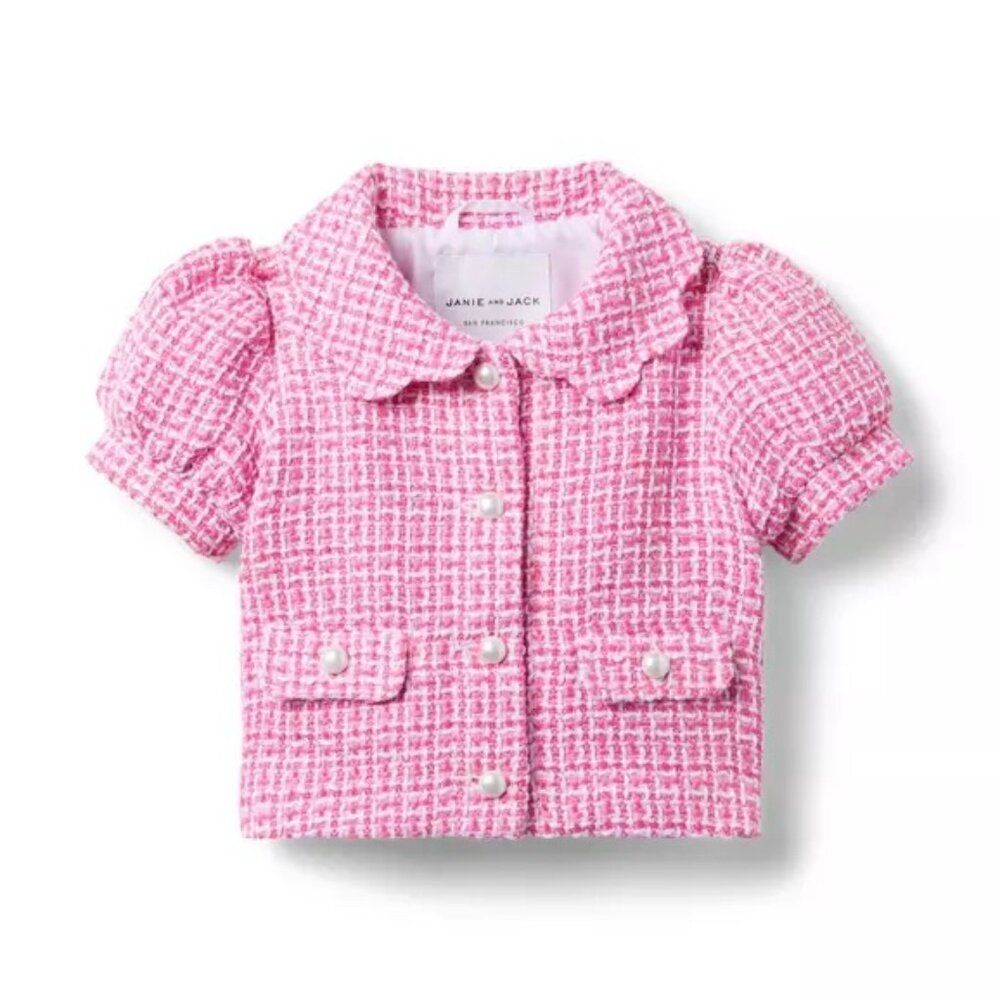 Brand New With Tags Janie & Jack Pink Tweed Boucle Puff Sleeve Jacket + Skirt 12